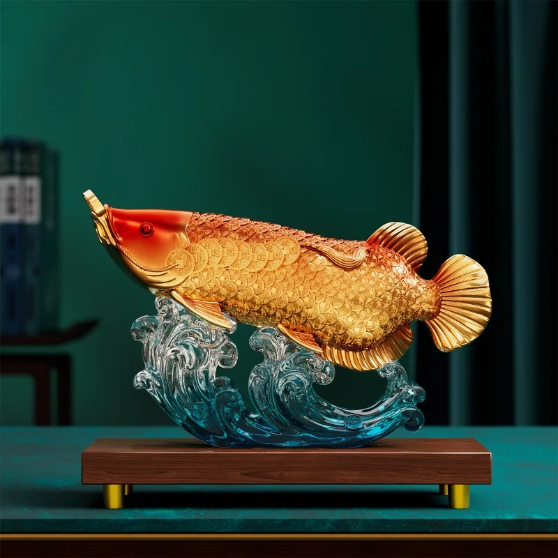 Golden Arowana Figurine Tabletop Ornament Entryway Craft Decor Lucky Gift for Opening Ceremony Anniversary Housewarming Present