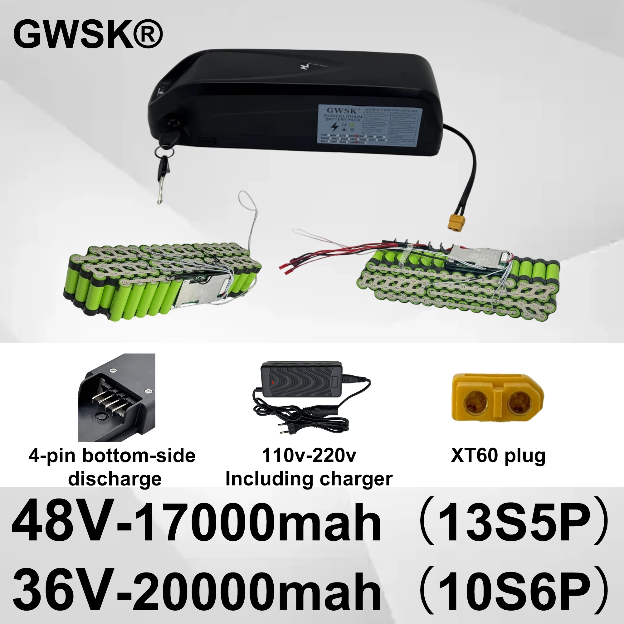 

GWSK Hailong 4-pin 18650 lithium-ion battery, 48V36V17AH-20AH,+BMA,+charger, 100% real capacity, supports detection