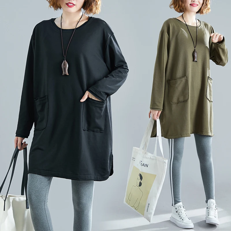 

Spring Autumn Loose Fit Pure Color Patchwork Double ket Versatile T-irt plus Size Women's Faion Asymmetrical Mid-Lengt...