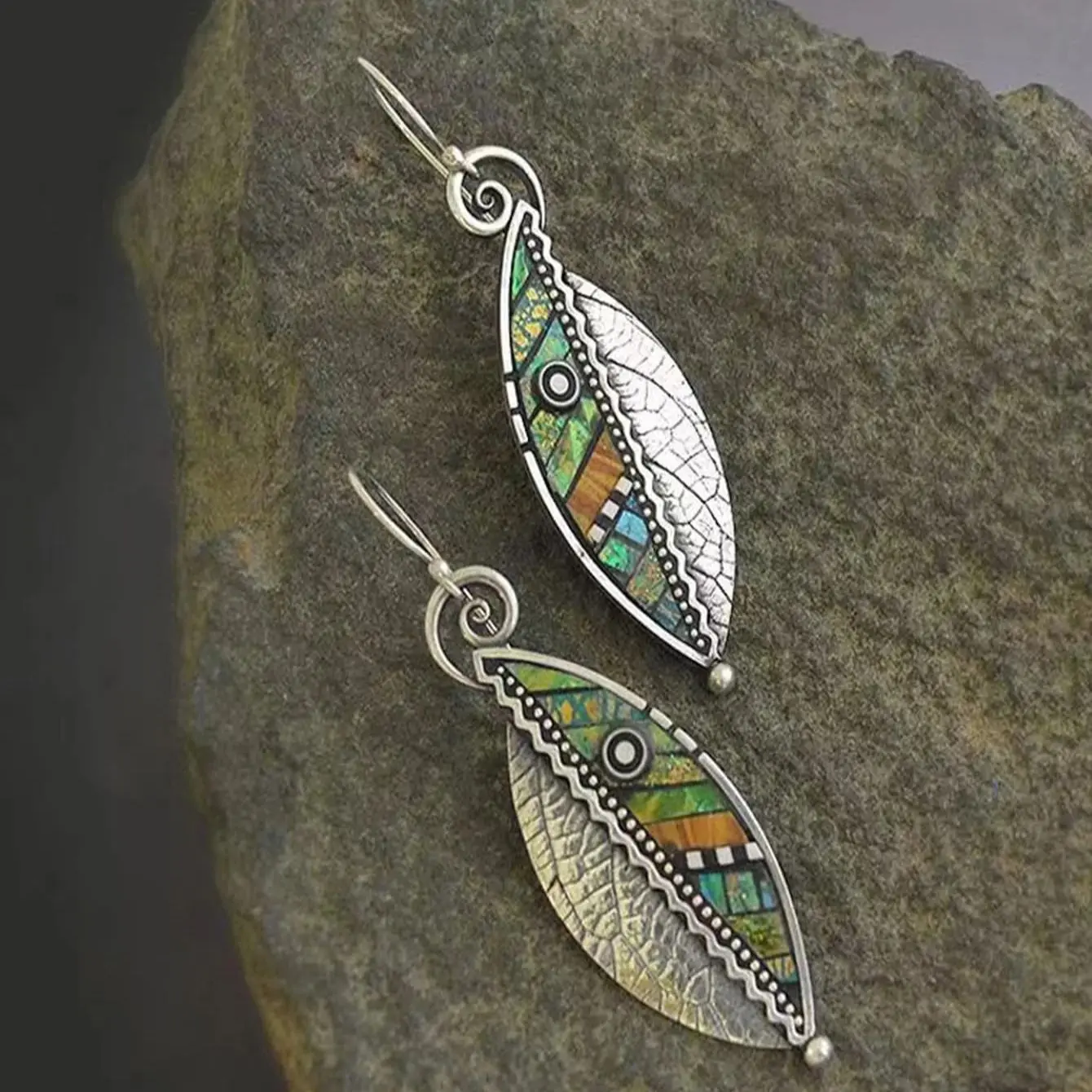 Bohemian Green Leaf Earrings for Women Ethnic Abstract Vintage Silver Color Drop Dangle Earring Oorbellen Pendientes O4D423