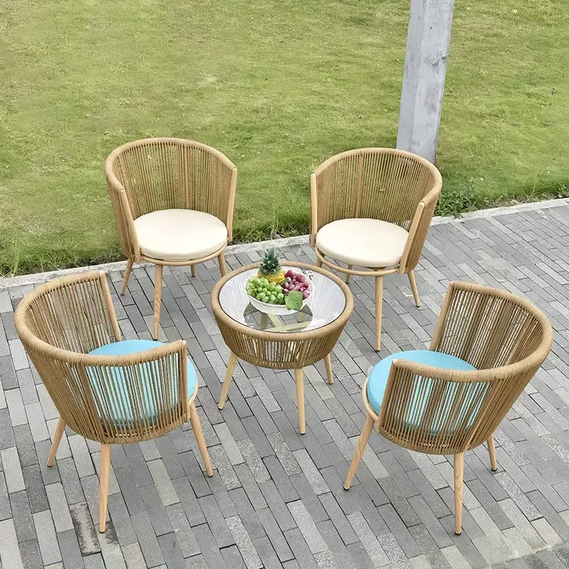 Fashion Creative Outdoor Rattan Coffee Tables Glass Top Patio Courtyard Garden Villa Dining Set Garden Chairs
