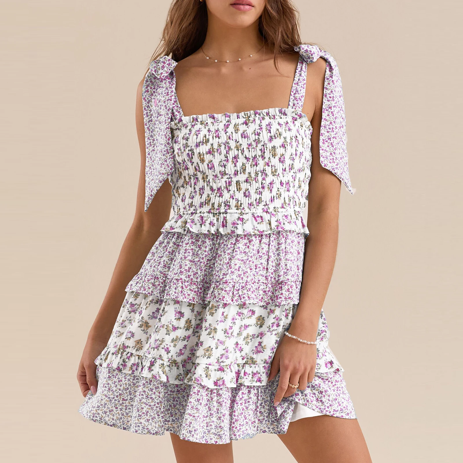Combhasaki Women Wide Shoulder Straps Bow Tied Summer Sleeveless Floral Print Smocked Bust Ruffled Short Flowy A-line Tank Dress