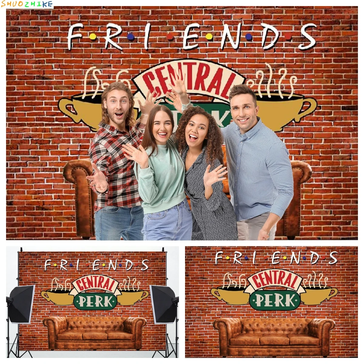 

Red Brick Wall Central Perk Friends Tv Show Theme Party Backdrop Retro Pub Sofa and Coffee Photography Background Photo Props