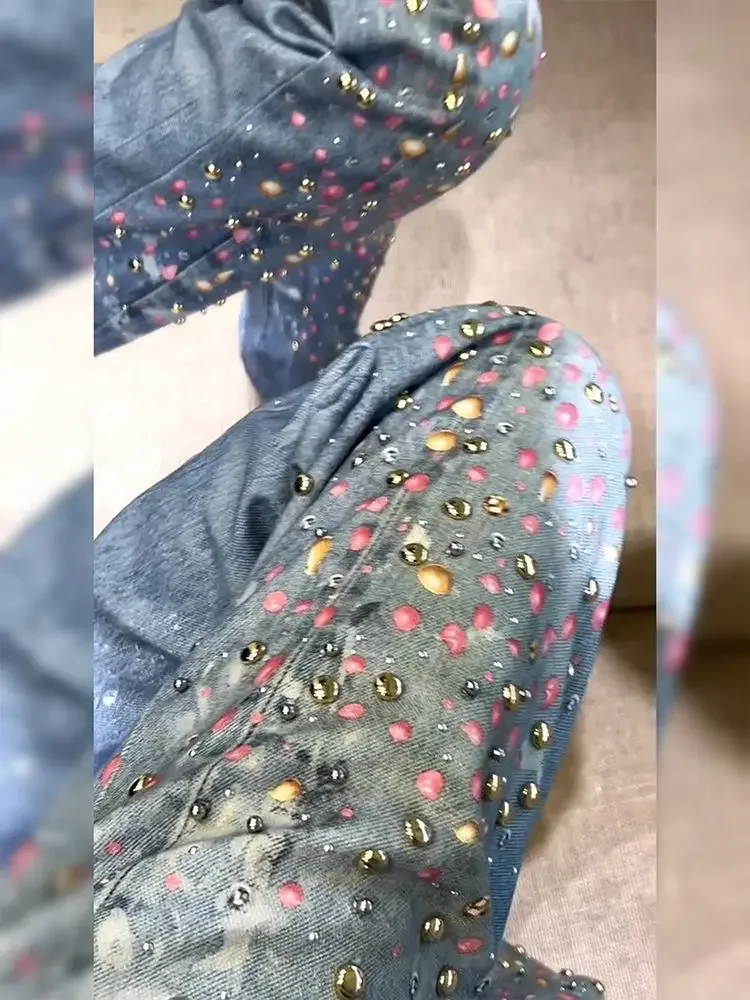 

Осень 2024, женские винтажные синие джинсы Y2k со стразами, брюки с высокой талией, прямая уличная одежда, свободные широкие джинсовые брюки