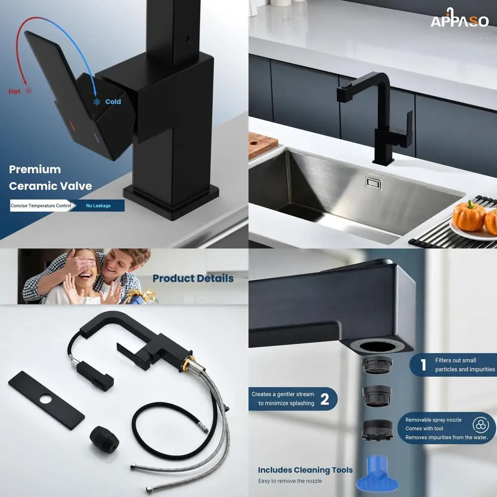 

20 Inch Pull-Down Kitchen Faucet with Sprayer, Stainless Steel Sink Faucet, Single Handle Matte Black, Square Deck Plate