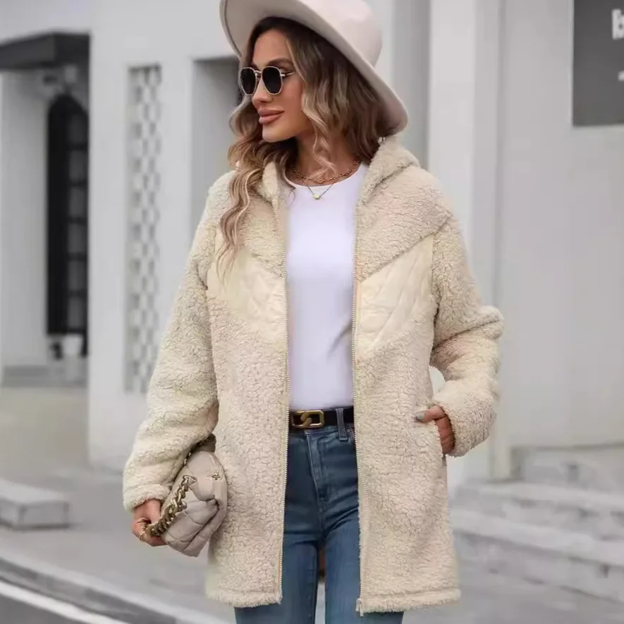 2026 Winter Women's Long Plush Patchwork Hooded Coat Thick Warm Zipper Jacket Soft Teddy Fleece Outerwear Casual Streetwear