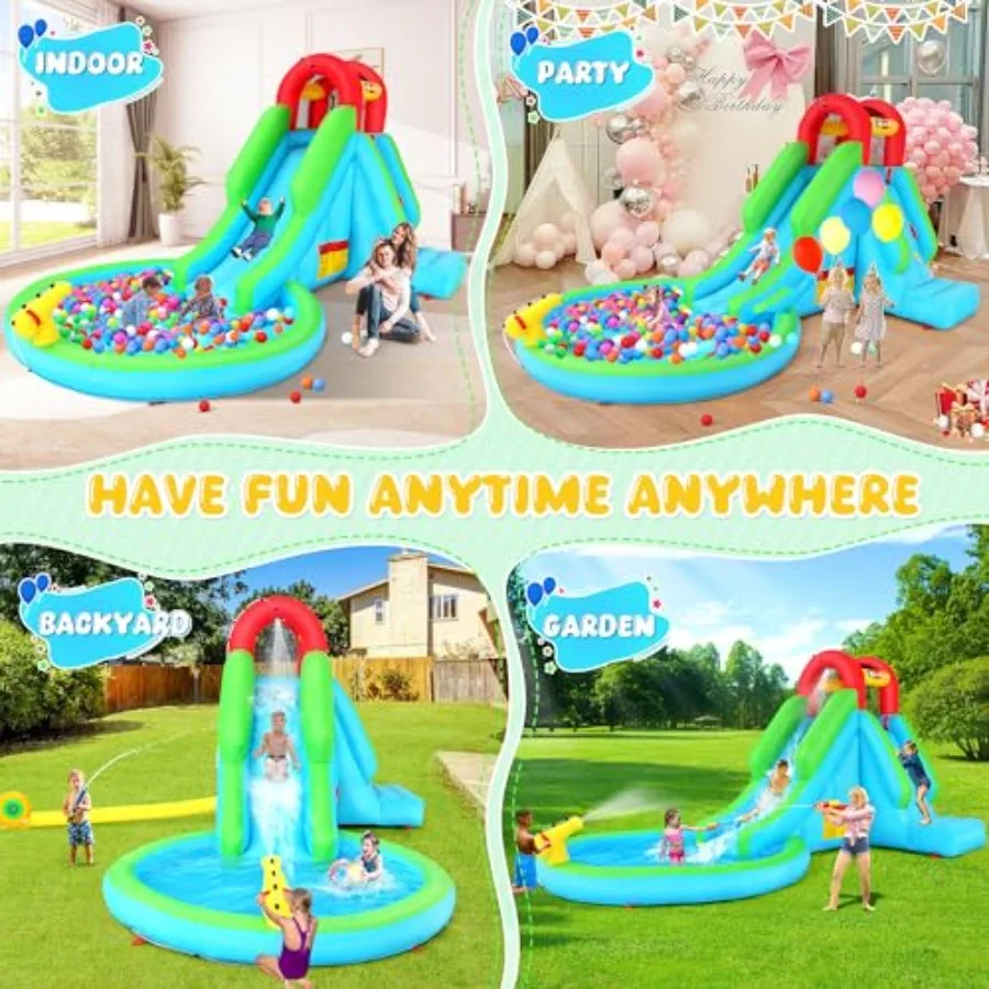 Inflatable Water Slide Bounce House for 3-12 PVC Aqua Blue Heavy-Duty Vinyl with Reinforced Seams Splash Pool Sprinkler System view 3