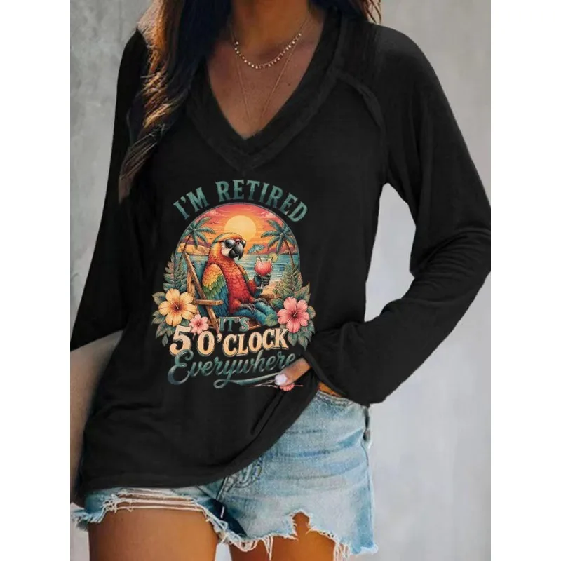 Ilstile Women's  Parrot Print T-Shirts Spring Summer Long Sleeve T Shirt Casual Loose V Neck Tops Blue White Green NEW