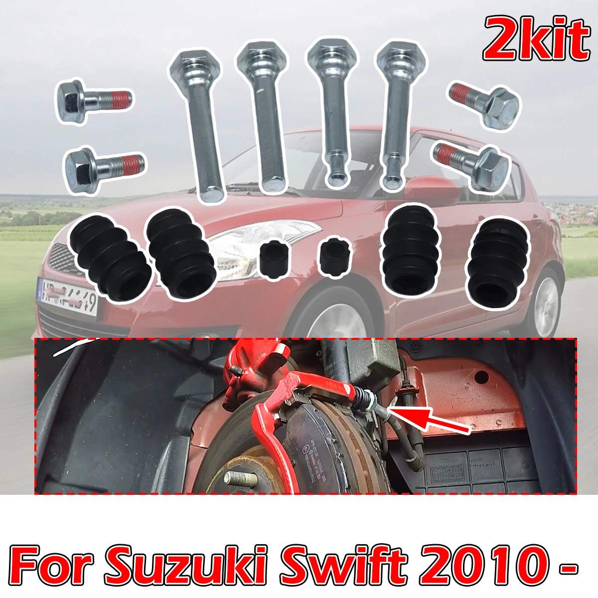 2kit For Suzuki Swift 2010- Front Brake Caliper Slider Guide Pin Bolt Disc Housing Bellows Sleeve Boot Seal Car Replacement part