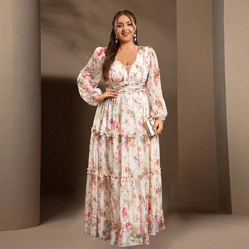 TOLEEN Middle Eastern Plus-size Spring And Summer Elegant Flower-printed Lantern Sleeve Long Dress With A Big Swing