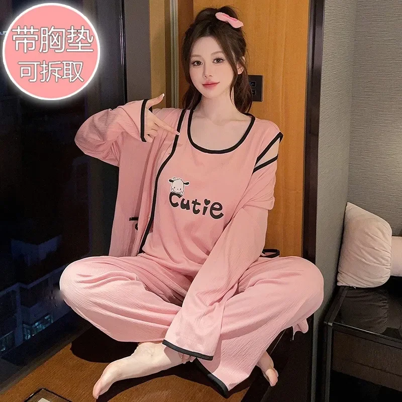 110KG Plus Size Chest Pad Pajamas Women Three-Piece Set Sweet Autumn and Spring Home Clothes Tank Pants Cardigan Outer Wear