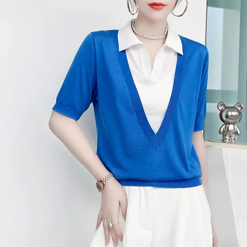 

Women Solid Loose Knit Sweaters Spring Summer Polo Collar Short Sleeve Patchwork Fake Two Piece Fashion Female Casual Pullovers