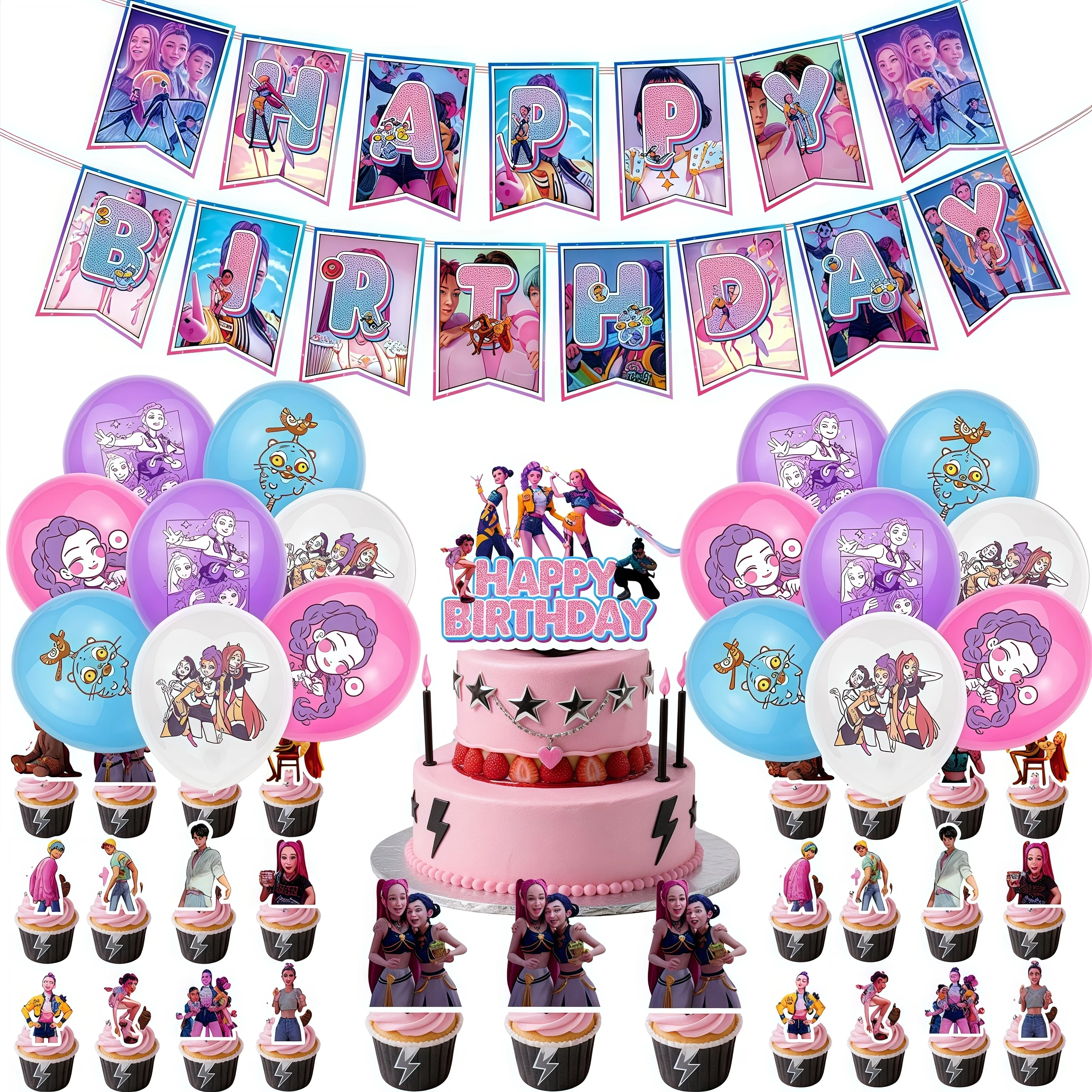 Kpop شيطان الصيادين عيد ميلاد بالون الديكور مجموعة أنيمي الموسيقى فتاة العلم سحب كعكة توبر طفل لوازم الحفلات هدية لصالح ديكور