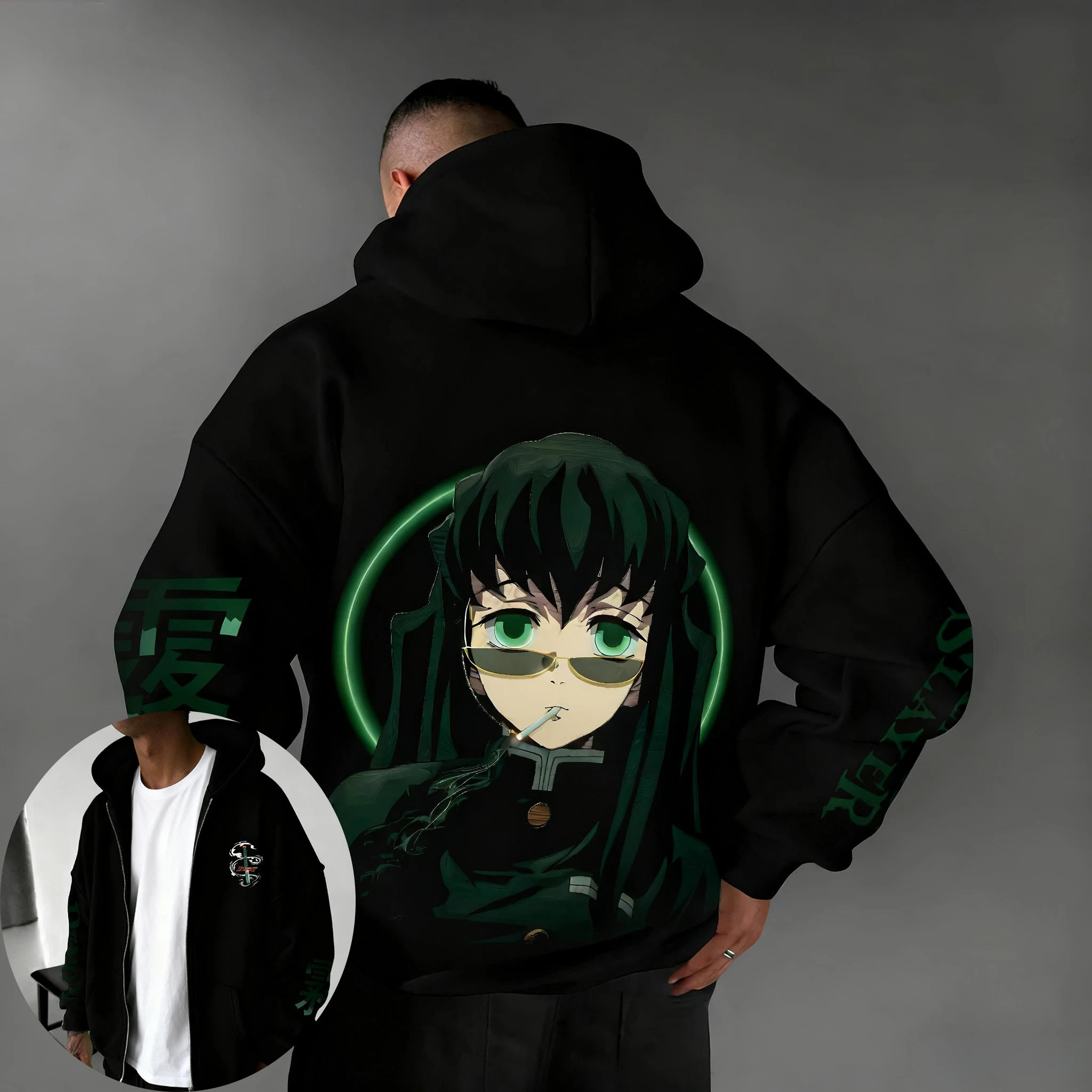 

Demon Slayer Anime Tokitou Muichirou Printed Zipper Hoodie 2025 Autumn/Winter New Men's and Women's Casual Loose Red Sweater Top