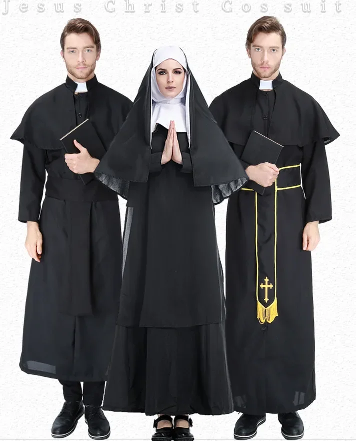 

Men Women Lovers Maria Priest Halloween Masquerade Cosplay Jesus Costume Adult Black Nun Robes