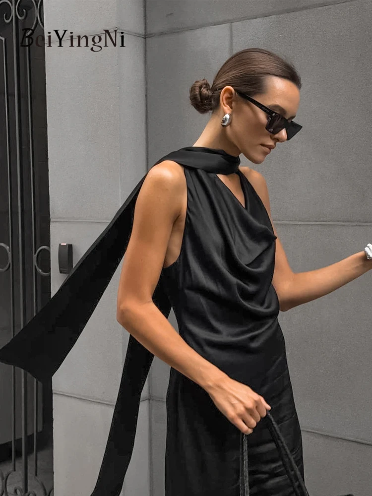 Beiyingni 2025 Elegant High-end Halter Long Dresses for Woman Black Plain Satin Slim Waist Pack Hip Dress Women Sleeveless Robes