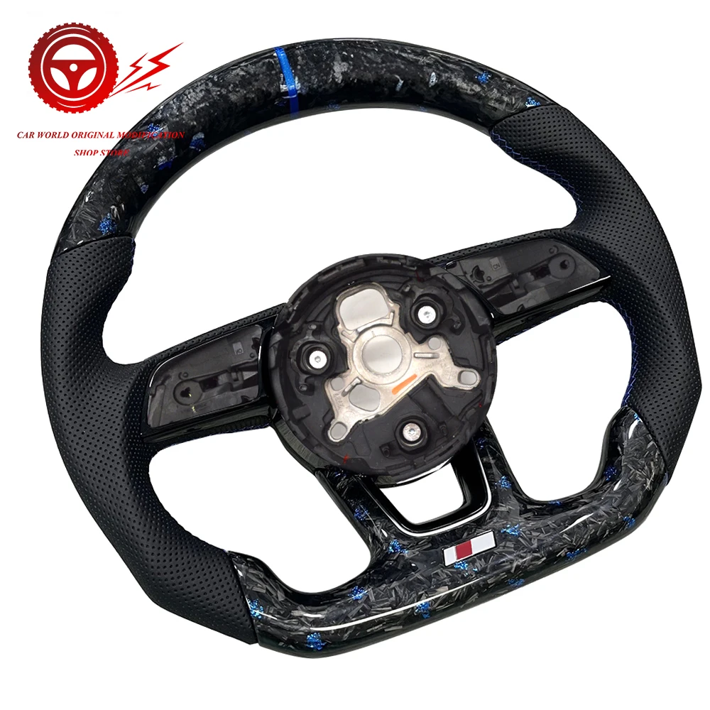 Forged Carbon Fiber Semi Perforated Leather Flat Bottomed Sports Steering Wheel,For Audi A3 A4 B9 A5 S4 S5 RS4