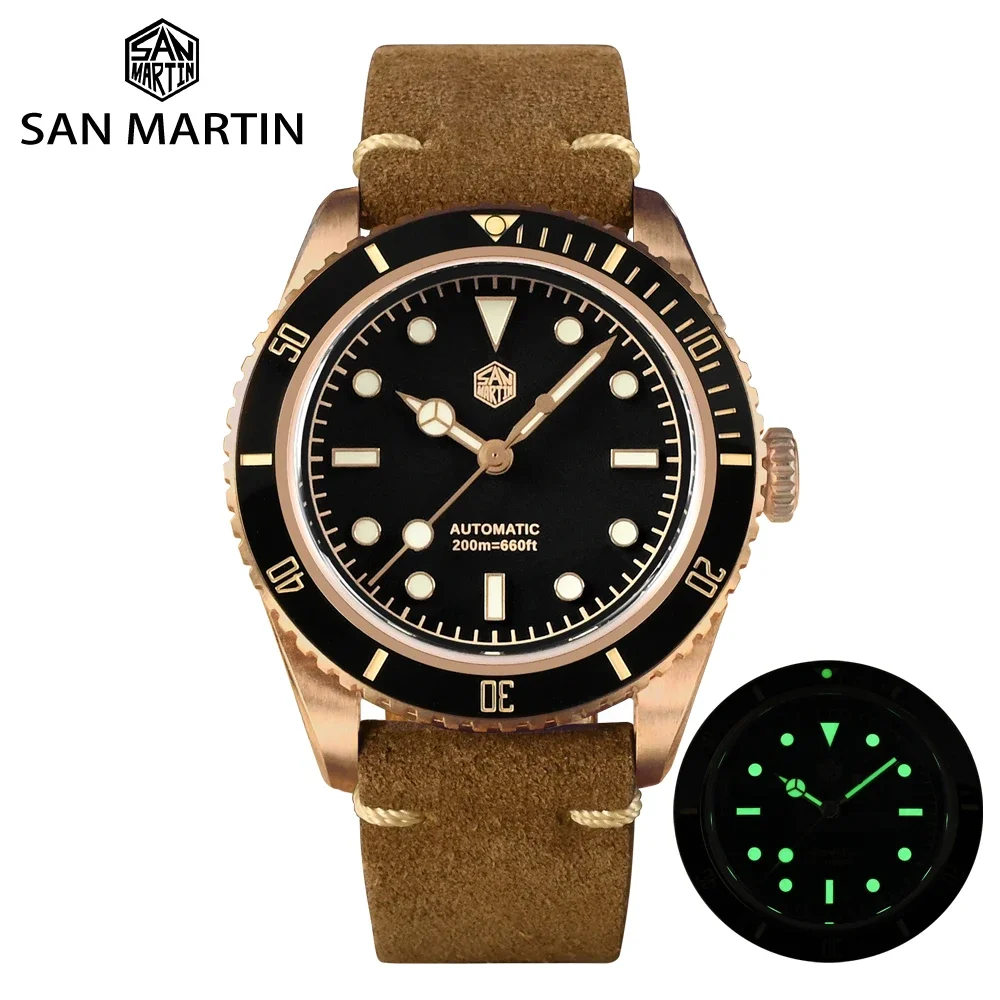 San Martin 38mm Vintage 6200 CuSn8 Bronze Diver Luxury Men Watch PT5000 SW200 Sapphire Automatic Mechanical 20Bar Leather Strap