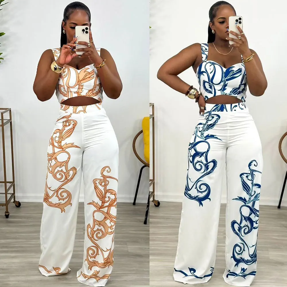 

Fashion Printed Women Two Pieces Set Elegant 2 Piece Sets Female Outfits Sleeveless Crop Top Wide Leg Pants Clothes Luxury Wear