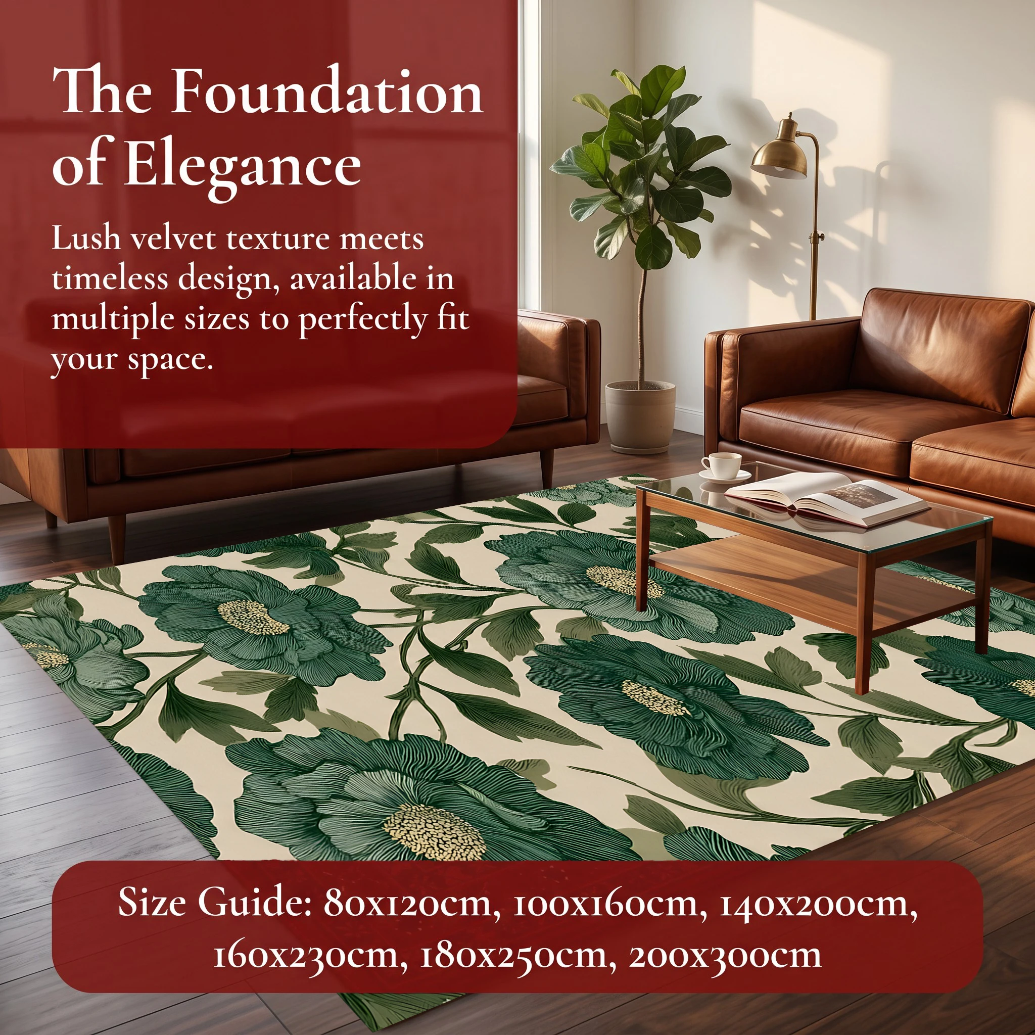 Dark Green Camellia Floral Light Retro Style Autumn and Winter Velvet Rug, Suitable for Living Room and Bedroom, Creating a Warm Autumn Harvest Atmosphere
