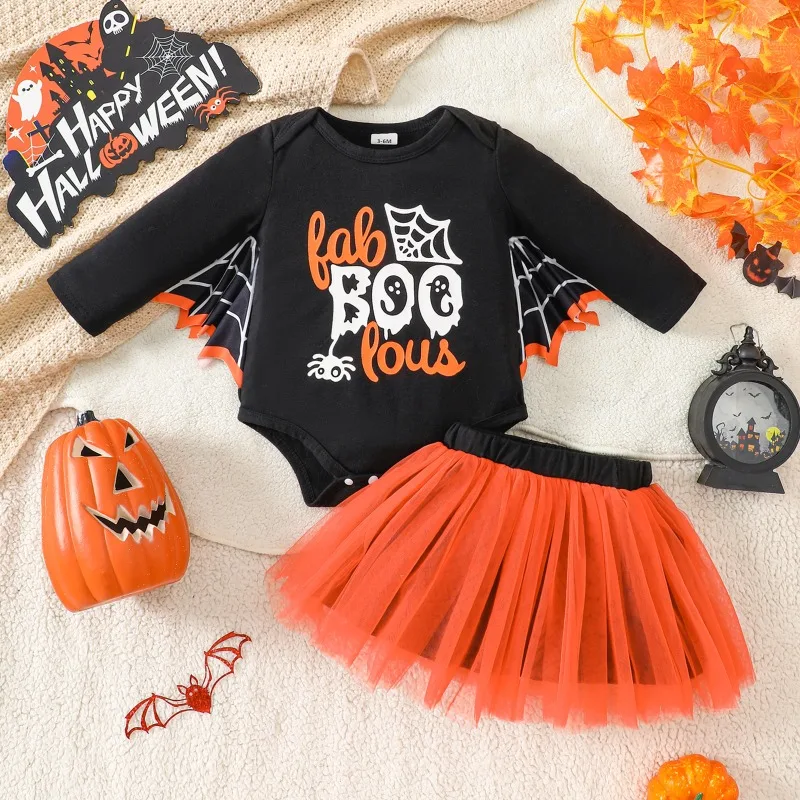 

Baby Girl Clothes Sets Halloween Ghost Set Bat Sleeve Jumpsuits TUTU Dress 2Pcs Cute Toddler Outfits Infant Party Fancy Dress Up