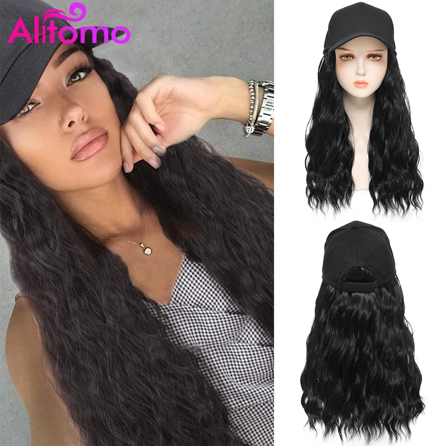 

Alitomo Long Wavy Synthetic Baseball Cap Hair Wig Natural Black Blonde Brown Wigs Naturally Connect Hat Wig Adjustable For Girl