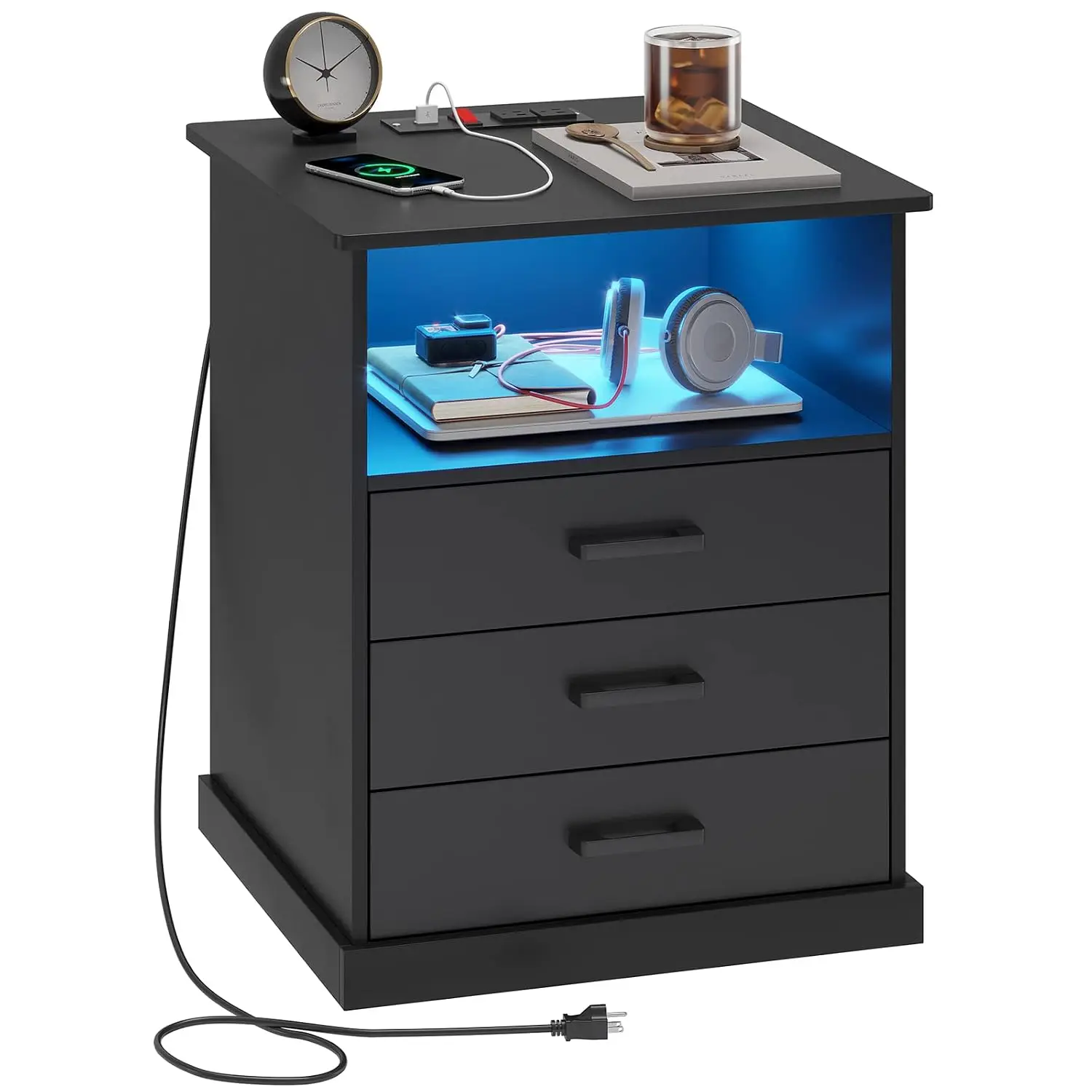 Nightstand with Charging Station & LED Lights, Bedside Table with 3 Drawer, Black Bedroom Storage, 19.0x15.0 Inch Wider Top, Cus