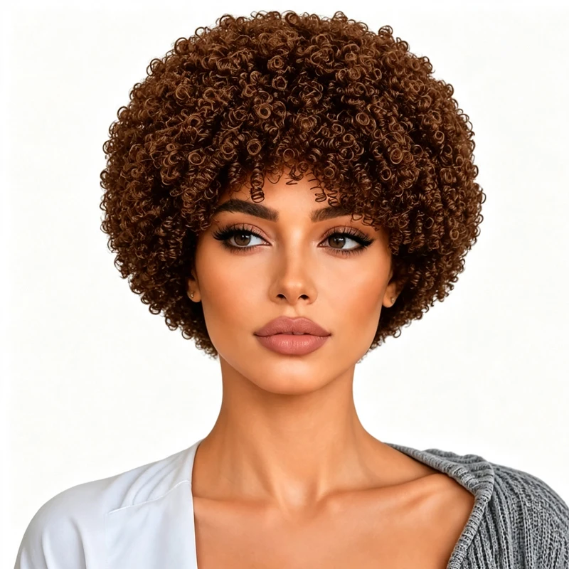 Women's light brown 8-inch spiral curl wig, fluffy, stylish, and versatile for party outfits.