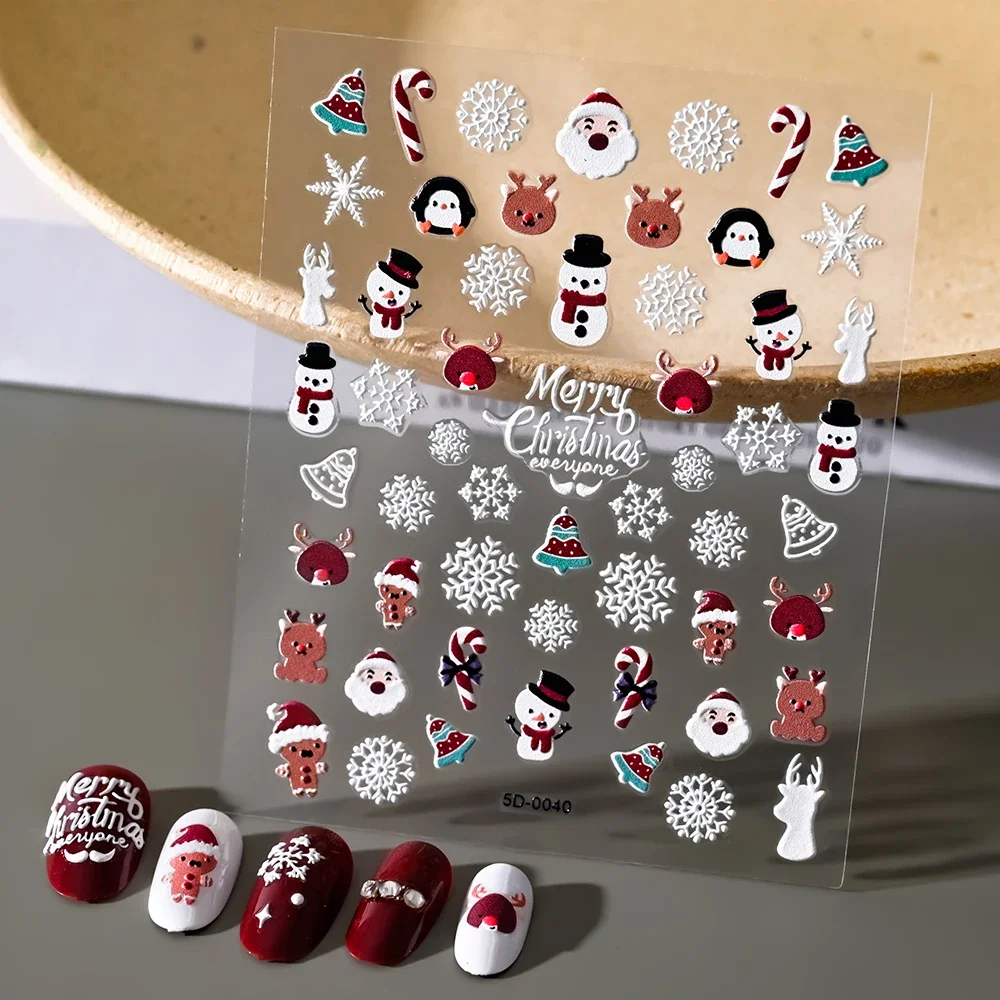 Noël 5D en relief bonhomme de neige flocons de neige Nail Art autocollants 8*10 cm dessin animé père noël Elk noël décalcomanie bricolage manucure décalcomanies & *