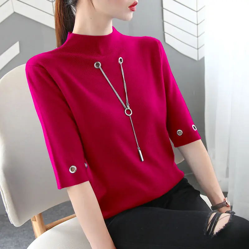 

Oversized Sweater Woman Short Sleeve Korean Fashion Tops T-shirt Knit Pullover Slim New Y2k Clothes Luxurious Designer Clothing