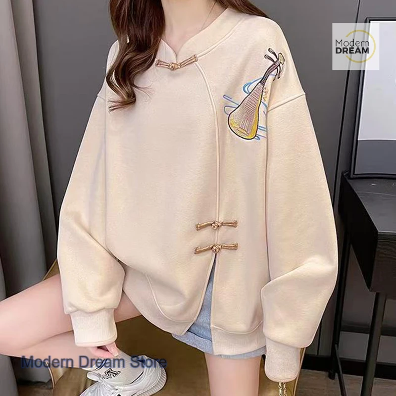 Chinese retro solid color fashion loose plus size blouse women's spring and autumn new embroidered casual loose thin hoodie