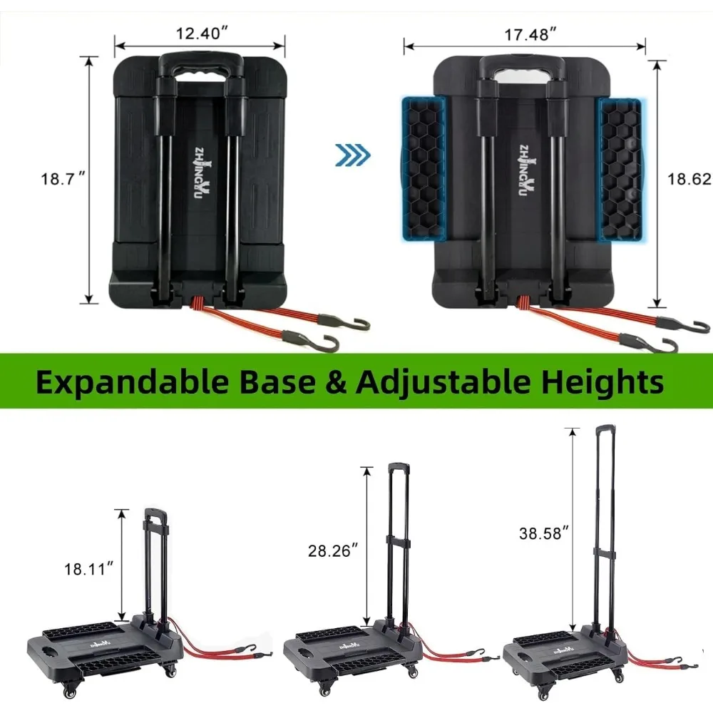 عربة محمولة قابلة للطي شديدة التحمل بسعة أمتعة 220 رطلًا وعجلات قابلة للطي ومقبض قابل للتمديد