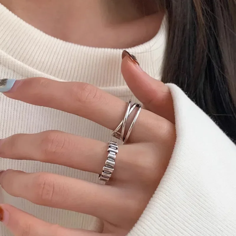 925 Sterling Silver Minimalist Geometric Line Crossing Stripe Opening Adjustable Rings for Women Fine Jewelry Cute Accessories