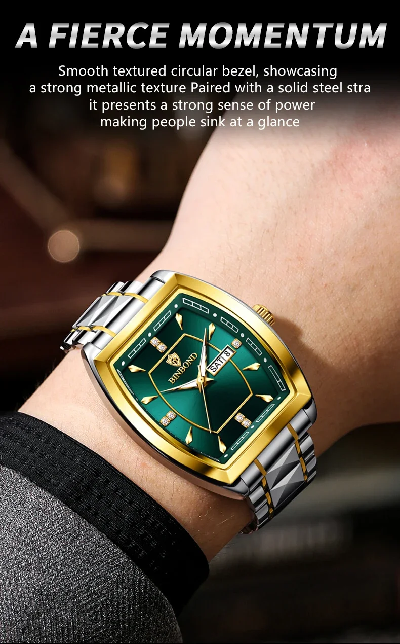 BINBOND 2pcs/Set Square Couple for Watch Fashion Stainless Men Ladies Quartz Watch Lover Waterproof Date Week Luminous Watch