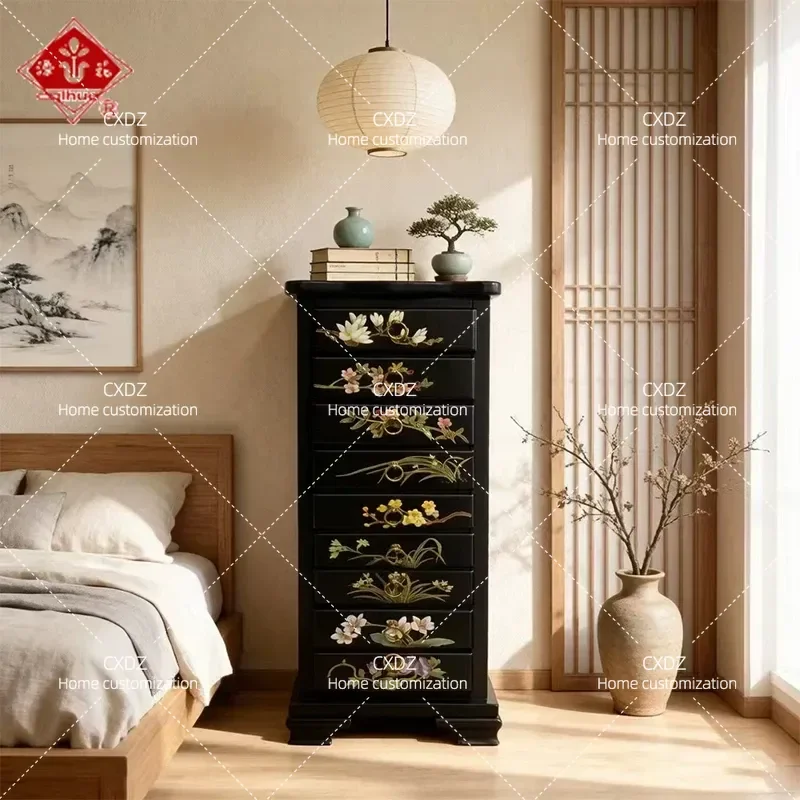 Chinese Aesthetic Lacquerware Side Cabinet with Painted Flowers and Birds Nine Drawer Storage Console for Living Room Home