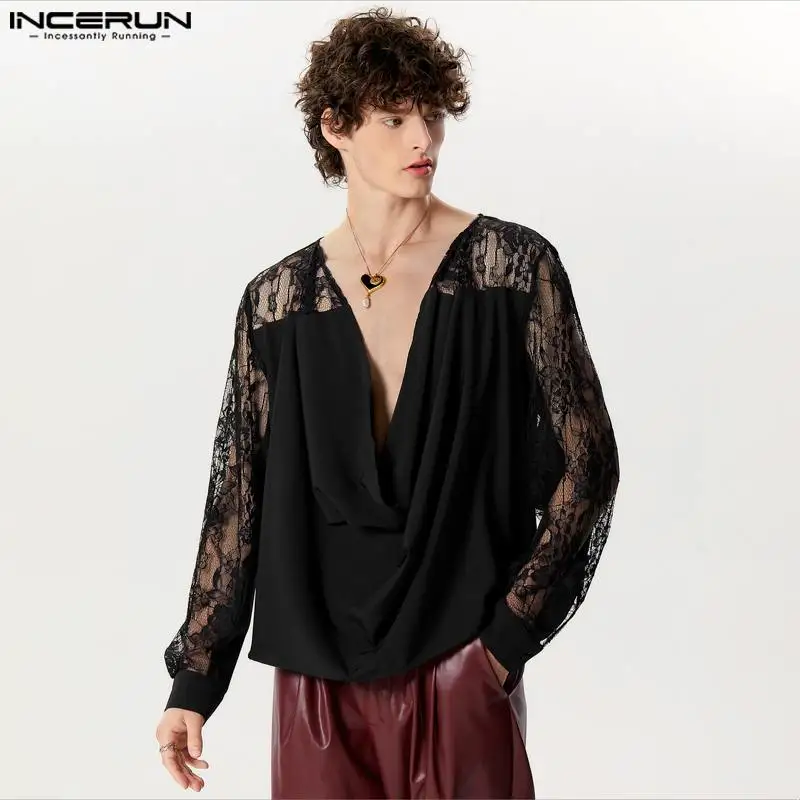 INCERUN-Chemise en dentelle à manches longues pour hommes, chemise transparente, patchwork, col en V, streetwear sexy, chemises décontractées, vêtements pour hommes, adt, mode 2024