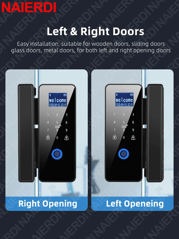 NAIERDI Tuya App Smart Glass Door Lock Bluetooth Fingerprint Password Biometric Keyless Entry Door Handle Security Hardware