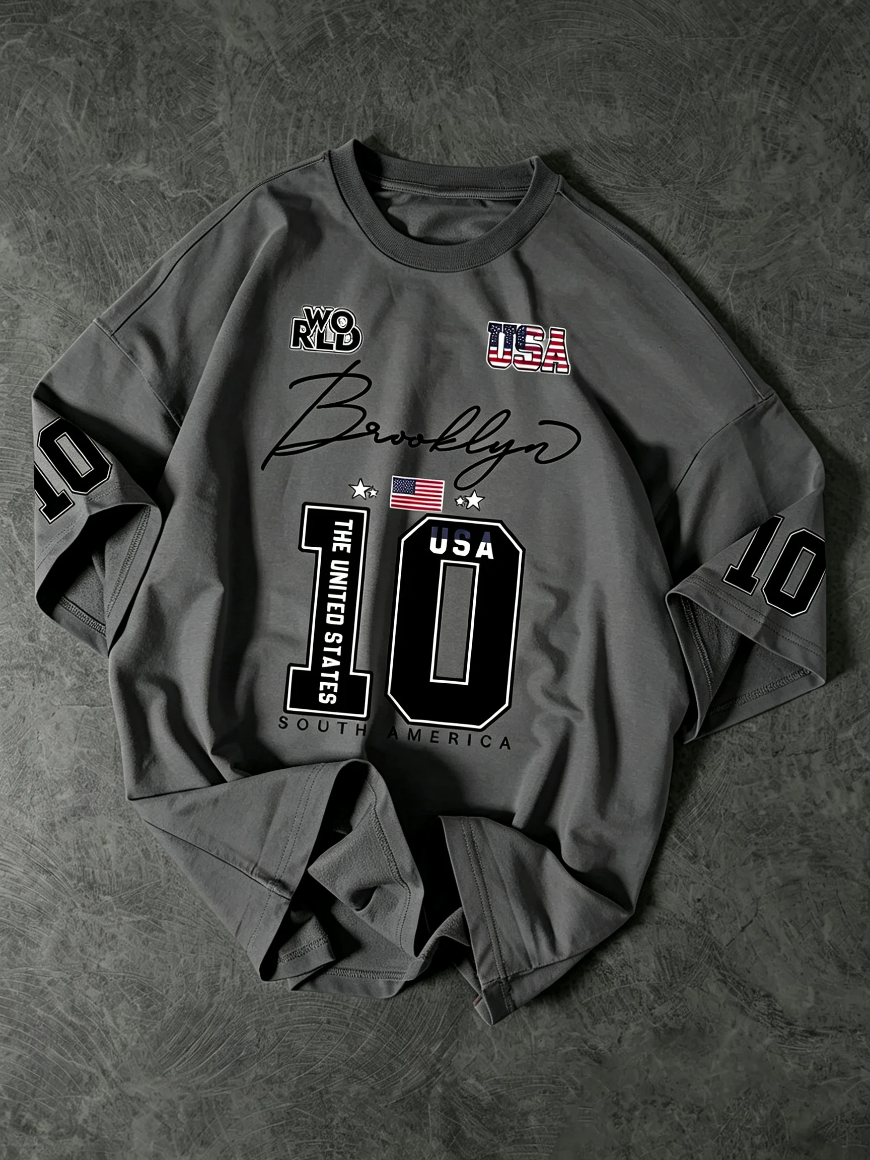 USA Brooklyn Style 10 Print Oversized T-Shirt Herren Streetwear Vintage Jersey Tee – Detail 4