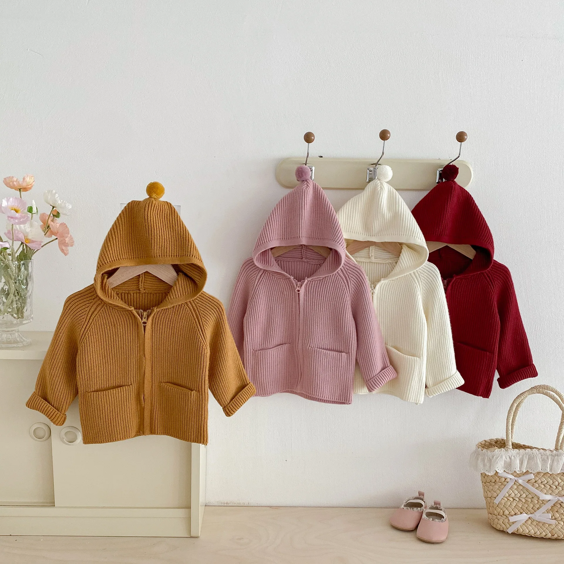 

Girls' Solid Color Hooded Sweater Coat 2025 Autumn and Winter Baby Girl's Cardigan Coat Casual Outerwear