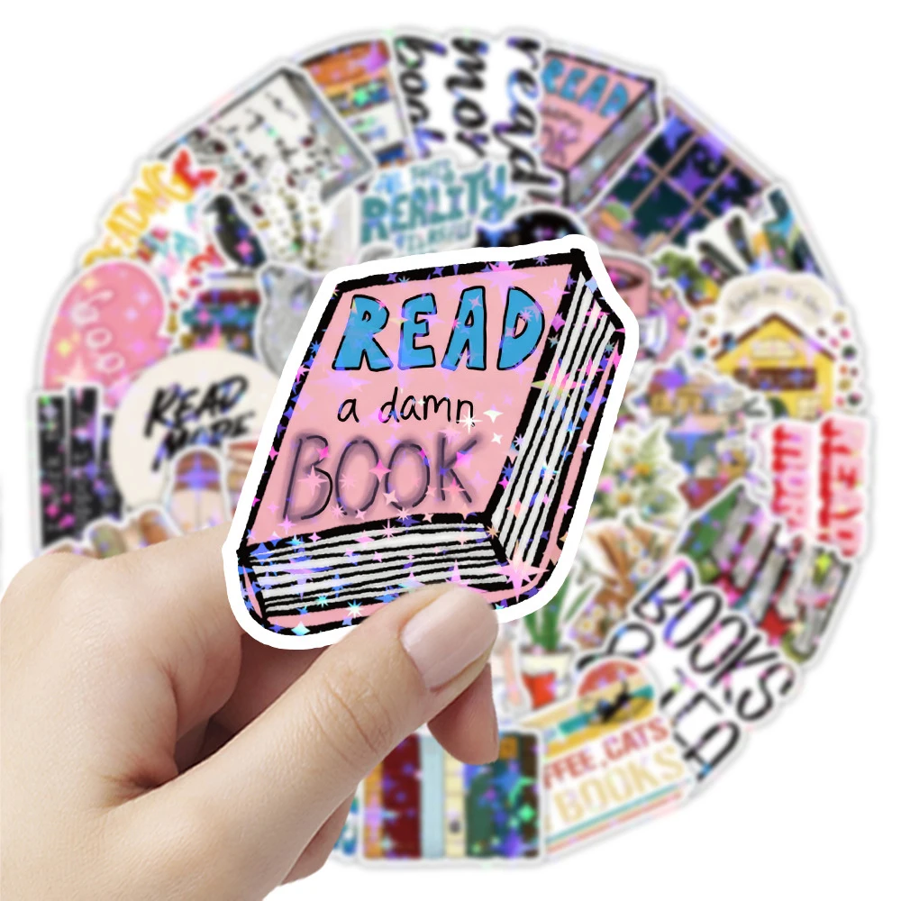 

10/30/50/100pcs Cool Cartoon Reading Theme Laser Stickers Book Lover Decals DIY Stationery Luggage Phone Case Sticker Wholesale