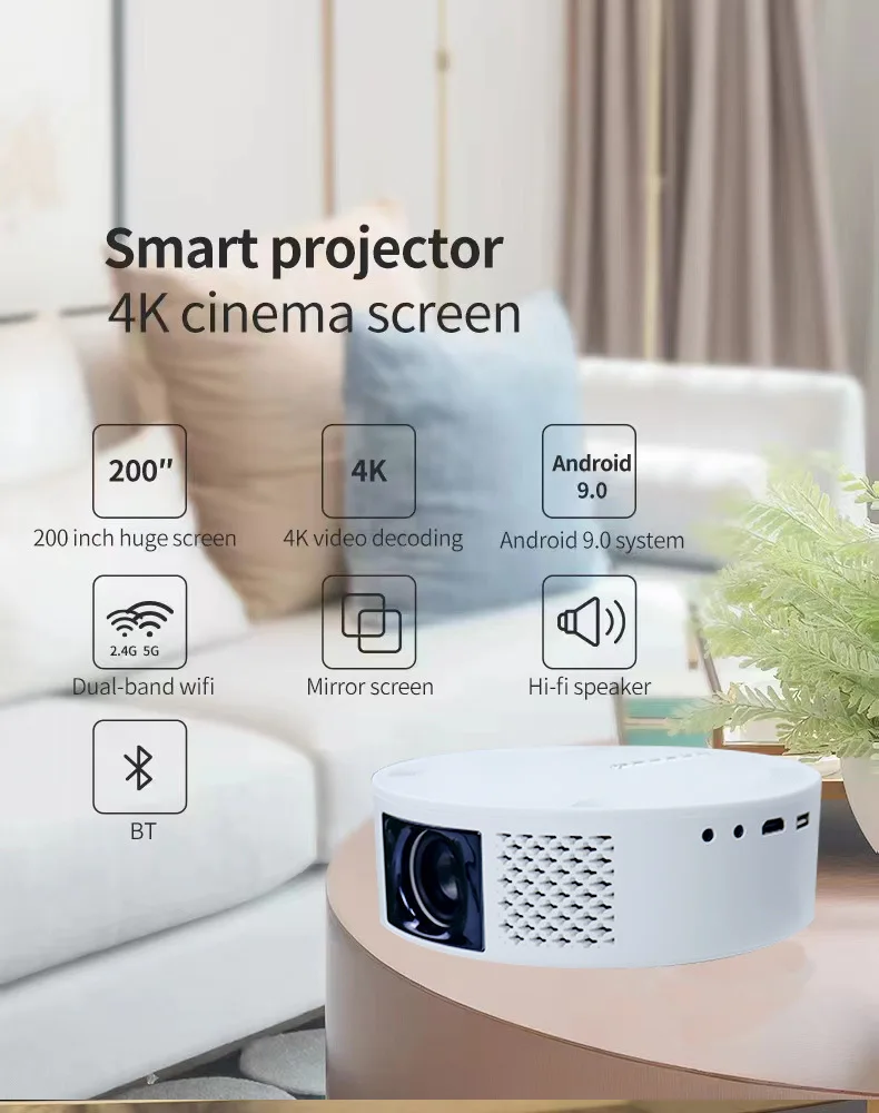 200 Inch Huge Screen 4k Video Decoding T269 Smart Projector Dual Band Wifi Android 9.0 Hifi Speaker Projector Factory