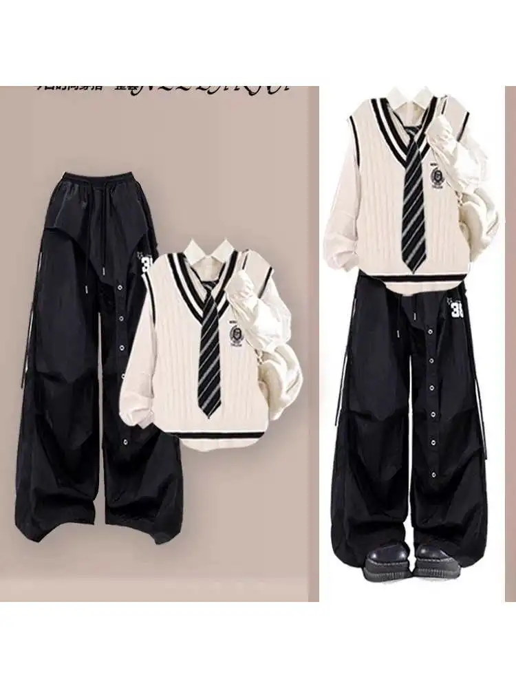 

Корейская рабочая одежда, комплект с жилетом irt, женский длинный све, лоскутный цвет, костюм из четырех предметов с блузным воротником, осенняя мода