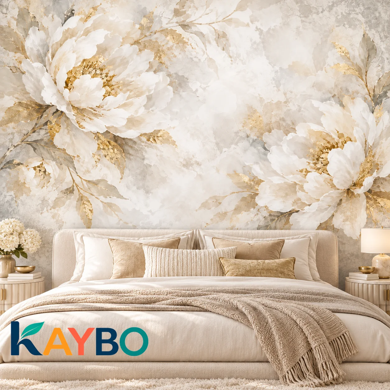 Floral Wallpaper Mural White Peony Gold Botanical Luxury Wall Decor Bedroom Living Room Accent Wall Covering Non Self Adhesive