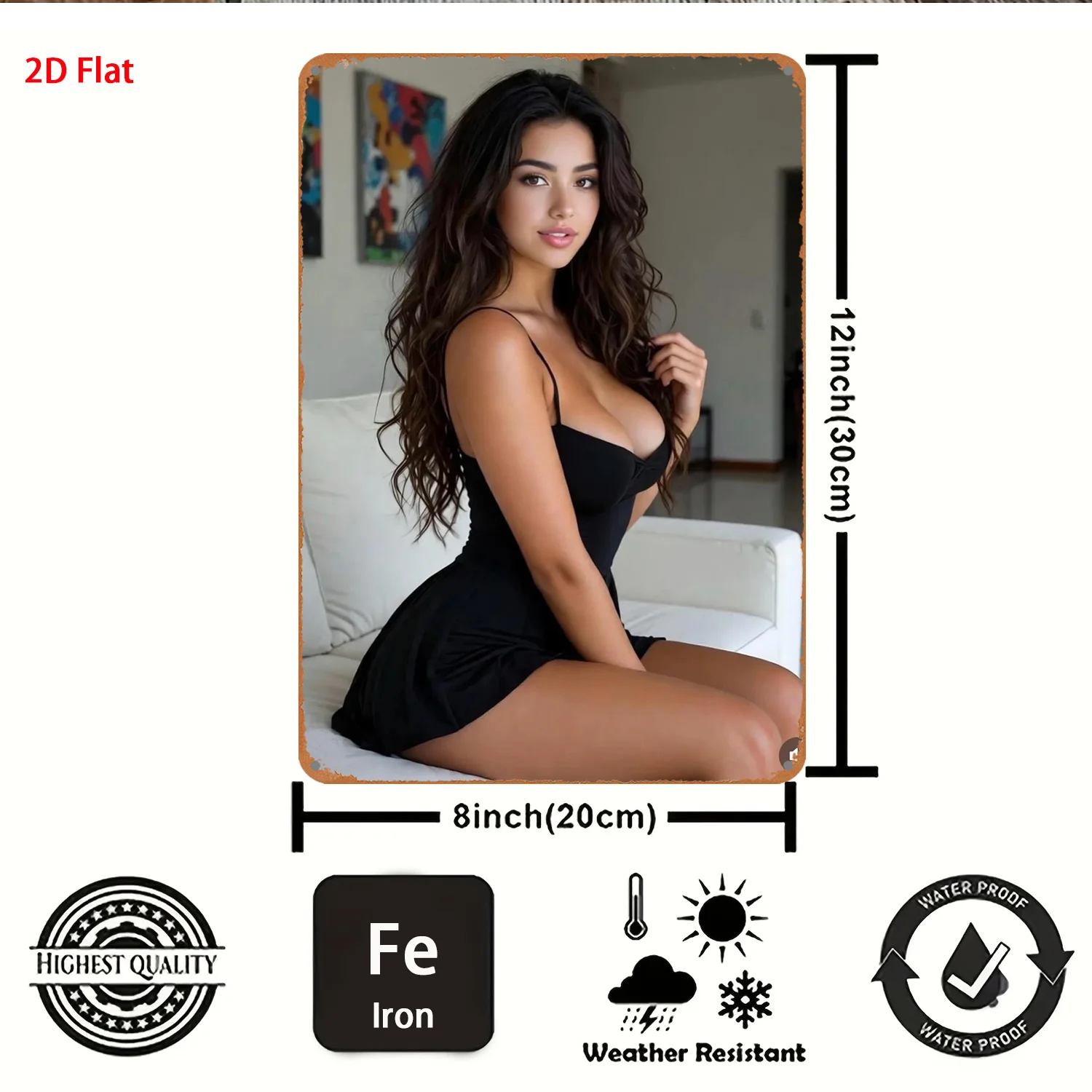 2D Metal Sign -Vintage Brunette Woman in Black Mini Dress Metal Sign, Home Wall Decor view 2