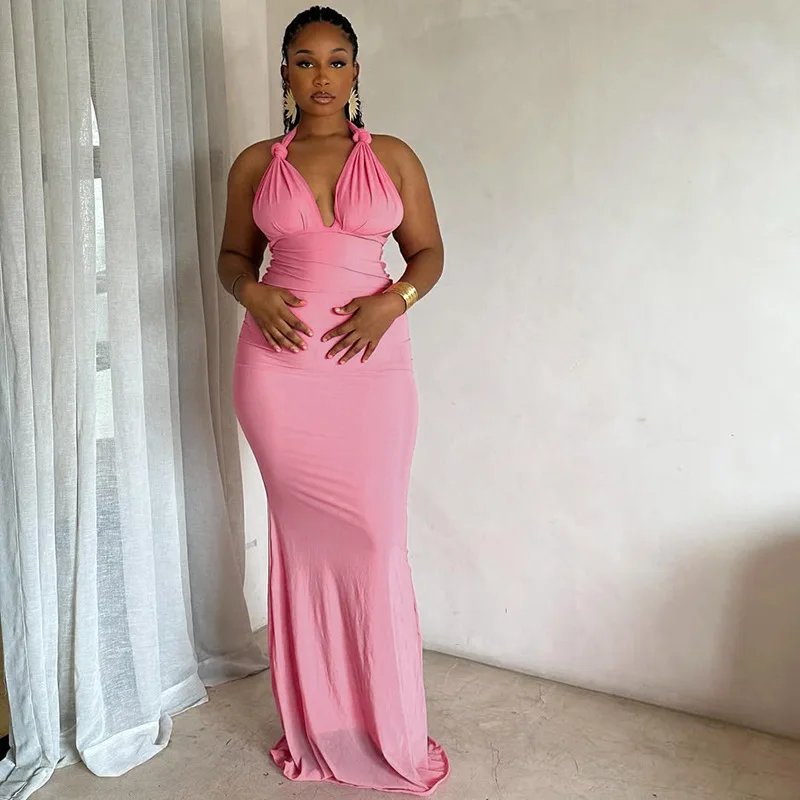 

STYLISH LADY Elegnt OL Maxi Dress 2025 Summer Women Halter Backless Bodycon Club Party Festival Solid Color Long Dresses