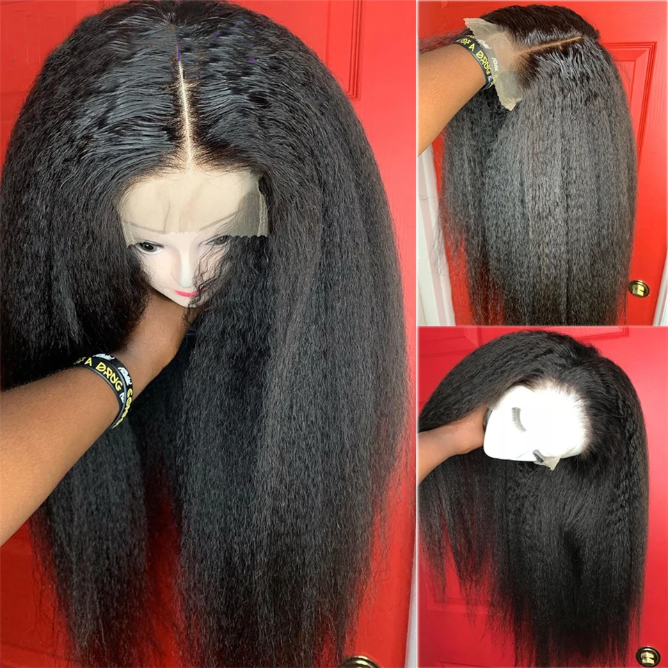 Soft Long Glueless Yaki Natural Black 26Inch Kinky Straight Lace Front Wig For Women With Baby Hair Synthetic Preplucked Daily