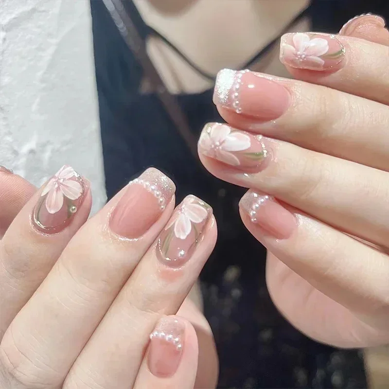 10Pcs Short Gradient French False Nail with White Edge Broken Diamond Wearable Ballet Nails Press on Full Cover Fake Nails Tips