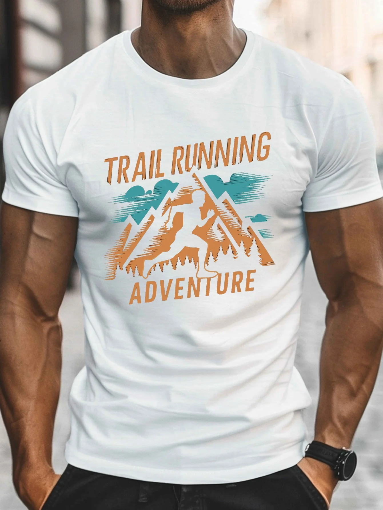 Camiseta gráfica Trail Running Adventure para hombre, camiseta informal de manga corta con cuello redondo, tejido de punto 100% poliéster
