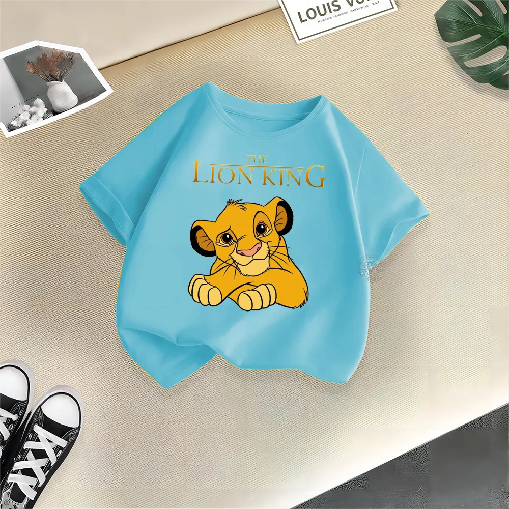 Disney Lion King ฤดูร้อนพิมพ์เสื้อผ้าสบายๆกีฬาผ้าฝ้ายเสื้อยืดเด็กชายหญิงรอบคอผ้าฝ้ายกลางแจ้งเสื้อยืดด้านบน