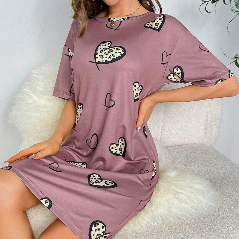 Womens Nightgown Dress Short Sleeve Loose Fit Tee for Relaxing Nightwear Round Neck Print Nightgowns Soft Comfortable Loungewear